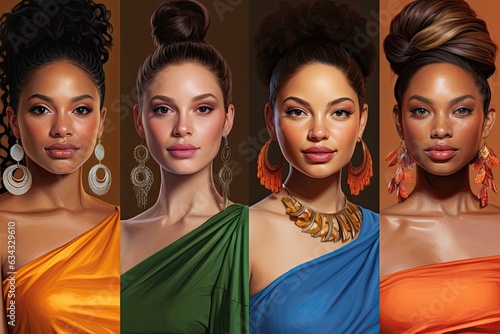 Diverse women's striking portrait illustrations, showcasing unity through bold earrings and hairstyles. Concept of diversity and stylish sisterhood.