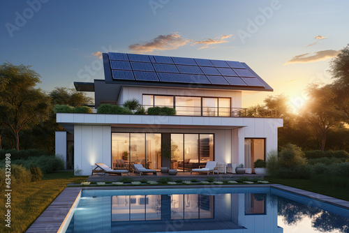 chalet independiente de construcción modernista con paneles solares de dos plantas de color blanco, con terraza.y piscina, en atardecer, ilustracion de ia generativa