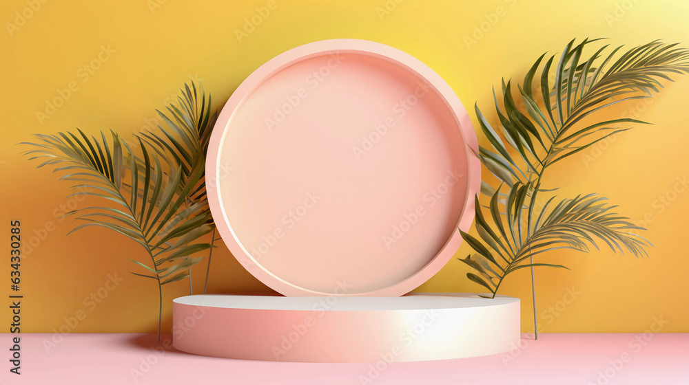 Fototapeta premium Round pastel podium and palm leaf, Abstract minimal geometric shapes background, Aesthetic summer dais concept and shadows on the wall, 3D Modern design for product showcase display, AI generated.