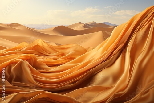 Pristine desert landscape with peach sand dunes under a blue sky and wave silk textile 