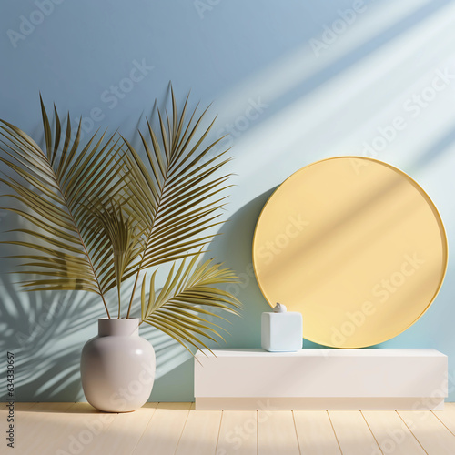 Round pastel podium and palm leaf  Abstract minimal geometric shapes background  Aesthetic summer dais concept and shadows on the wall  3D Modern design for product showcase display  AI generated.