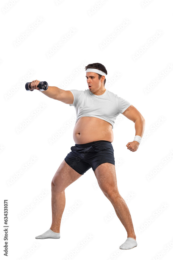 A funny fat man isolated on white background. Obesity and eating disorder. Concept for dietetics and fitness advertising in social networks. A funny fat man isolated on white background. Obesity and eating disorder. Concept for dietetics and fitness advertising in social networks.