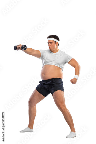 A funny fat man isolated on white background. Obesity and eating disorder. Concept for dietetics and fitness advertising in social networks. © Mike Orlov