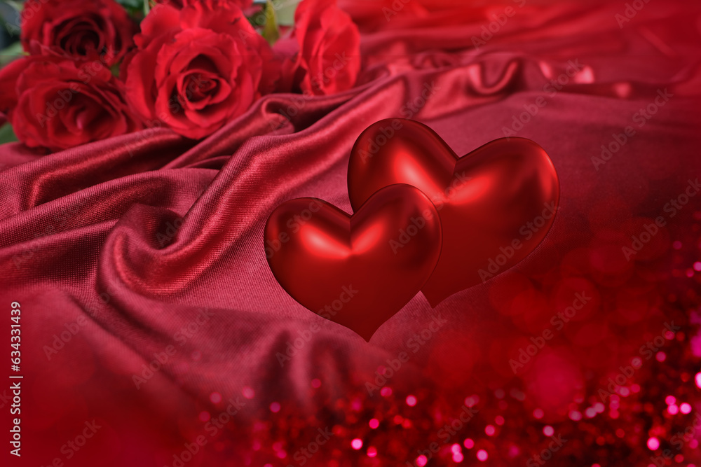 beautiful hearts 3d illustration, satin draped with flowers, silk cloth background, magenta, hot pink background luxury cloth, elegant wallpaper, background, copy space, banner for design, postcards beautiful hearts 3d illustration, satin draped with flowers, silk cloth background, magenta, hot pink background luxury cloth, elegant wallpaper, background, copy space, banner for design, postcards