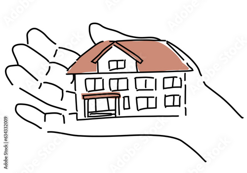 片手に乗せた住宅のシンプル線画イラスト