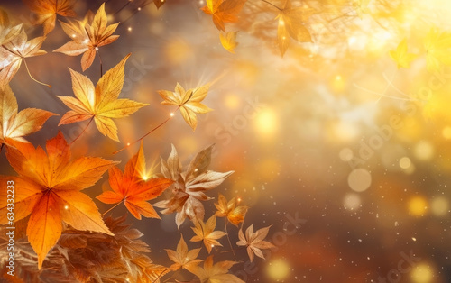 Autumn background with maple leaves and bokeh lights. Space for text. Generative AI.