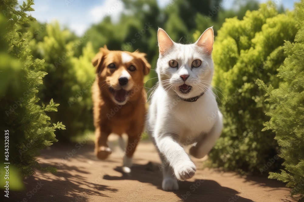 cat border collie puppy in garden