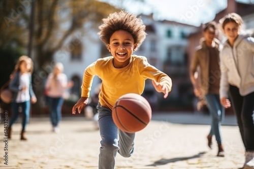Portrait of young basketball player practicing with classic ball outdoors.