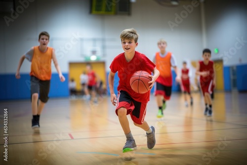 Young basketball players play with classic ball in sports hall. Basketball training for teenagers.
