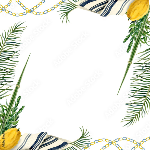 Happy Sukkot square floral frame watercolor illustration isolated on white background with etrog, four species, tallit and paper decorations for Jewish holiday greeting card