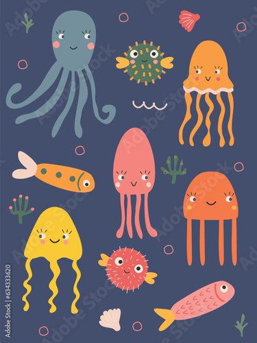 set of cute underwater inhabitants