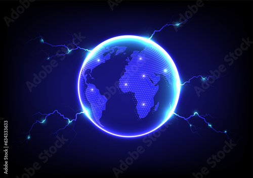 Glowing globe world map with lightning on dark blue background. Vector illustration.