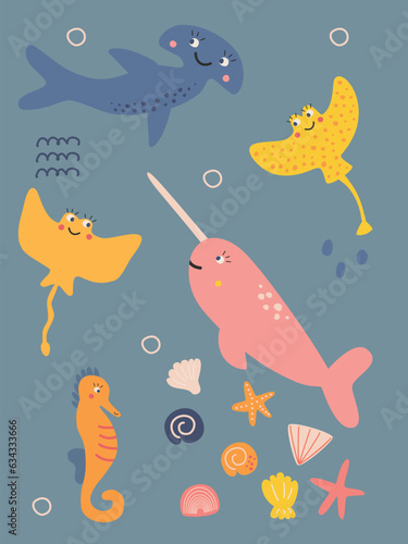 set of cute underwater inhabitants
