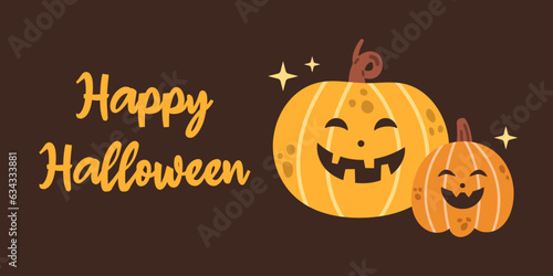 Happy Halloween banner or poster with pumpkins. Party invitation with cute halloween pumpkins on dark brown background in flat design. Trick or treat. Scary and spooky. Poster or banner template.