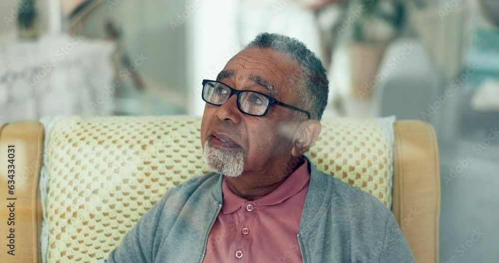Senior man, thinking and home with memory or glasses in chair to relax in living room for decision. Memory, lounge and elderly person with peace or questions about life or vision and remembering. Senior man, thinking and home with memory or glasses in chair to relax in living room for decision. Memory, lounge and elderly person with peace or questions about life or vision and remembering.