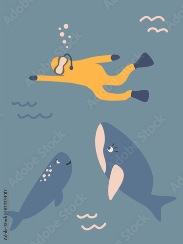 retro postcard with a scuba diver and whales