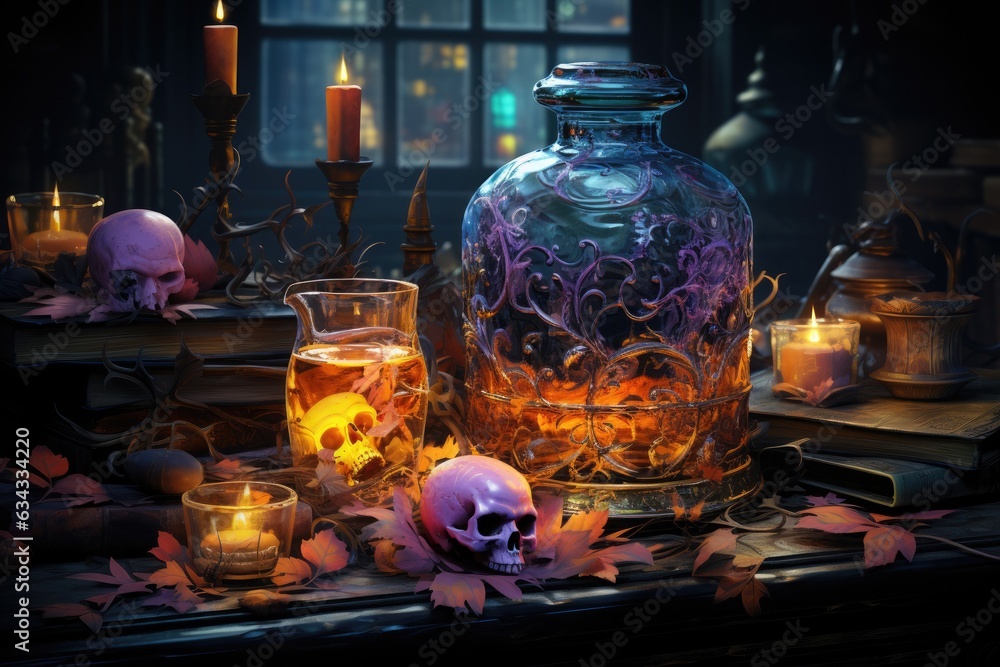 Magical witch workshop with glass poison bottle and candles for magic ritual on occasion of celebration of Halloween. Human Skulls and autumn leaves.
