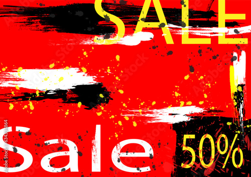 The grunge abstract  made with a red brush on a white background. There is space for inserting text, 50 percent off sale banner. used as cards, book covers, banners.