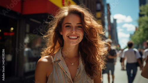  a cheerful beautiful young woman in the summer city