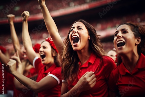 A group of girls - a female football sports team in red uniform cheering because of victory in a game after making a goal at the stadium or a soccer field
