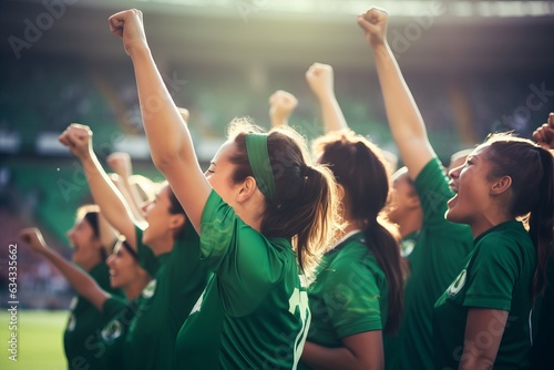 A group of girls - a female football sports team in green uniform cheering because of victory in a game after making a goal at the stadium or a soccer field