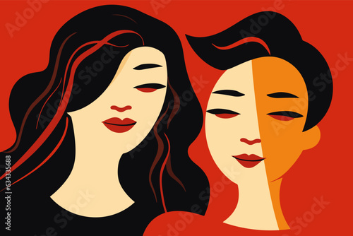 A couple of young Asian women isolated on red. Simple flat vector illustration of two teenage friends
