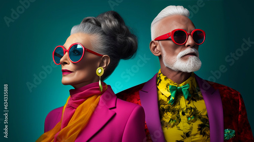 AI generated  elderly couple  man and woman extravagant vibrant colored fashion clothing  fashion shoot. Old is not boring. Attractive older couple  good health. Multi-colored.