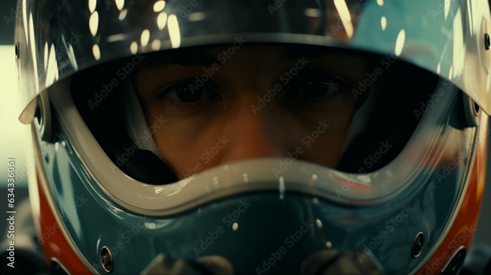 The driver's helmeted reflection in the car's rearview mirror, capturing their focus during a crucial pit stop The driver's helmeted reflection in the car's rearview mirror, capturing their focus during a crucial pit stop