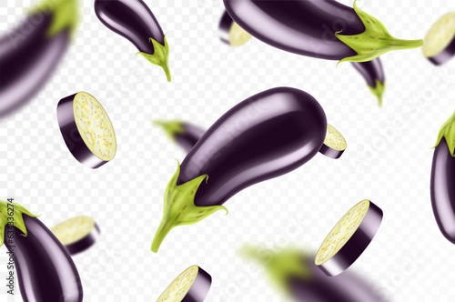 Falling eggplant isolated on transparent background. Flying whole and sliced eggplants vegetable with blurry effect. Can be used for advertising, packaging, banner, poster, print. Realistic 3d vector