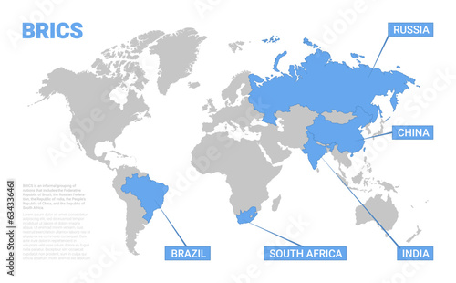 BRICS interstate schematic map of countries association members. Union of 5 states of Brazil  Russia  India  China  South Africa world map vector illustration