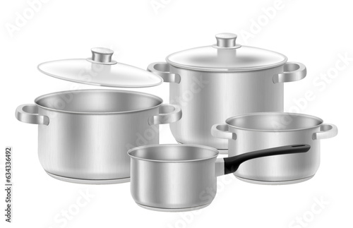 Realistic kitchen utensils and dishes. Set of steel pans, pots or saucepan and stewpan with lids isolated on white background. 3d vector illustration. A set of kitchen tools of various sizes.