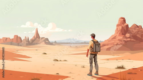 landscape man journey desert backpack hike adventure travel heat walking trek. Generative AI.