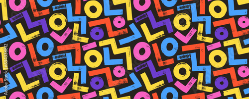 Abstract geometric colorful pattern with zigzags, triangular lines and circles. Brush drawn bold geometric shapes with grunge texture. Vector multi colored banner with simple shapes and figures.