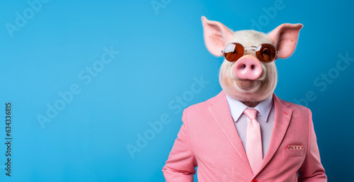 Pig in smart business suit shirt and sunglasses, looking serious businessman. Wide banner with copy space on side. Generative AI