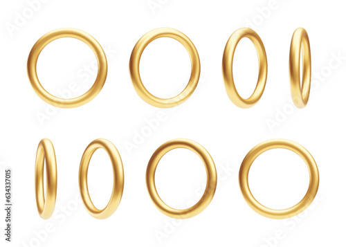 Set of 3d gold shiny rings, decorative design elements, golden jewelry. Round metal sparkling frames, three dimensional metallic objects realistic vector illustration on white background