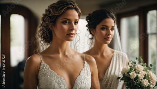 Two beautiful women standing together on their wedding day