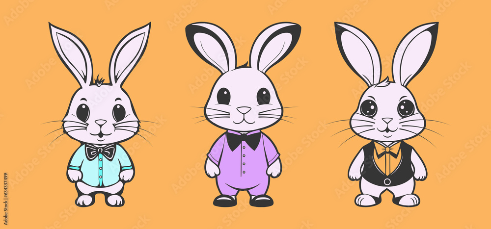 Naklejka premium Vector set of cute beautiful little Easter pink bunnies in clothes and with a bow tie. Cartoon rabbits. Orange background.