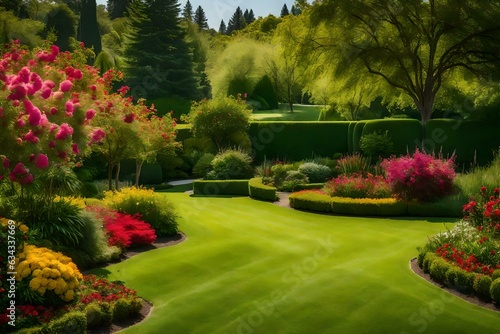 garden with flowers, A mesmerizing view of a beautiful landscape garden with a meticulously green mowed lawn