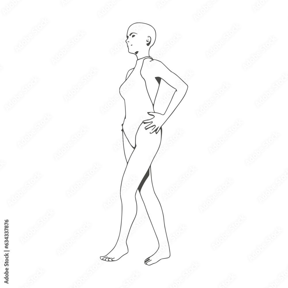 Illustration of a beautiful fashion model posing in a stylish swimsuit. Young attractive woman in beachwear. Thin line style Illustration of a beautiful fashion model posing in a stylish swimsuit. Young attractive woman in beachwear. Thin line style