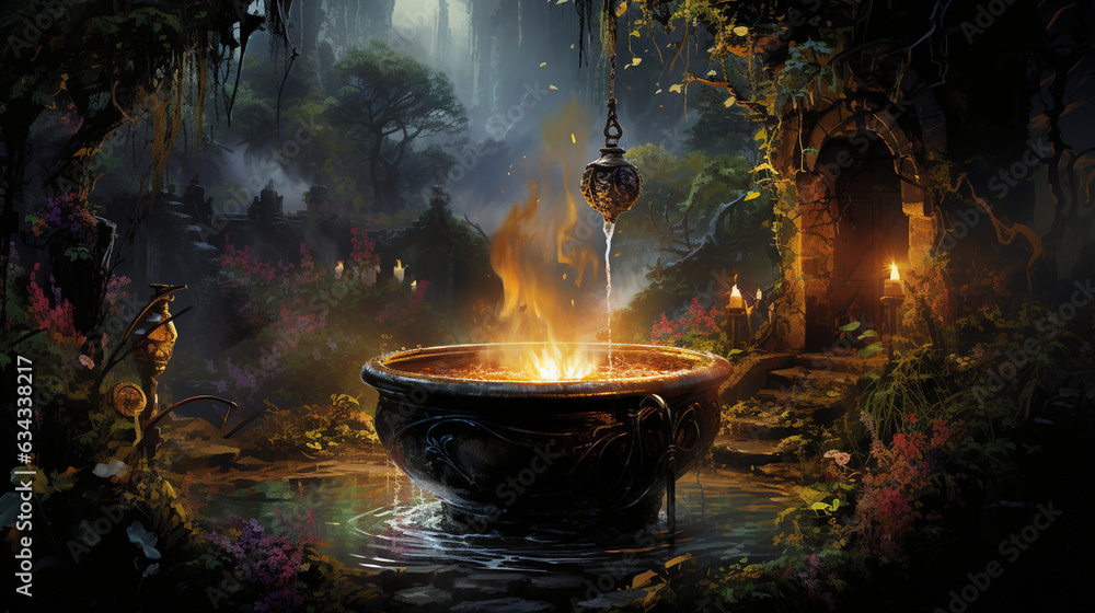Witch's Cauldron: A bubbling cauldron surrounded by mystical ingredients, under the moonlight, as a witch casts her spells Witch's Cauldron: A bubbling cauldron surrounded by mystical ingredients, under the moonlight, as a witch casts her spells