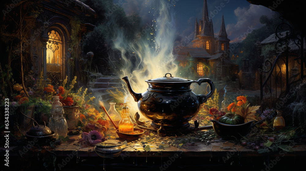 Witch's Cauldron: A bubbling cauldron surrounded by mystical ingredients, under the moonlight, as a witch casts her spells Witch's Cauldron: A bubbling cauldron surrounded by mystical ingredients, under the moonlight, as a witch casts her spells