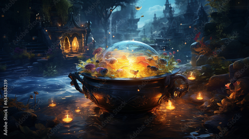 Witch's Cauldron: A bubbling cauldron surrounded by mystical ingredients, under the moonlight, as a witch casts her spells 