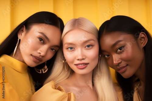 Selfie of three smiling Asian girls with varying skin tones, radiating beauty against a nude color palette. A testament to the diverse beauty within Asian communities photo