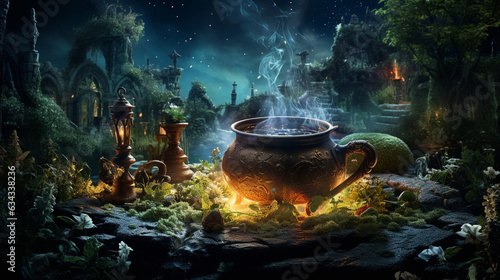 Witch's Cauldron: A bubbling cauldron surrounded by mystical ingredients, under the moonlight, as a witch casts her spells  photo