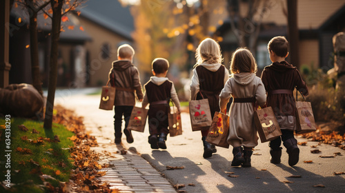 Trick-or-Treating: Children in costumes, excitedly holding out their treat bags, going door-to-door for Halloween candy 