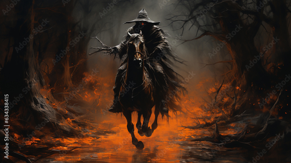 Midnight Ride: A headless horseman galloping through the woods, clutching a jack-o'-lantern, a classic Halloween image  - obrazy, fototapety, plakaty 