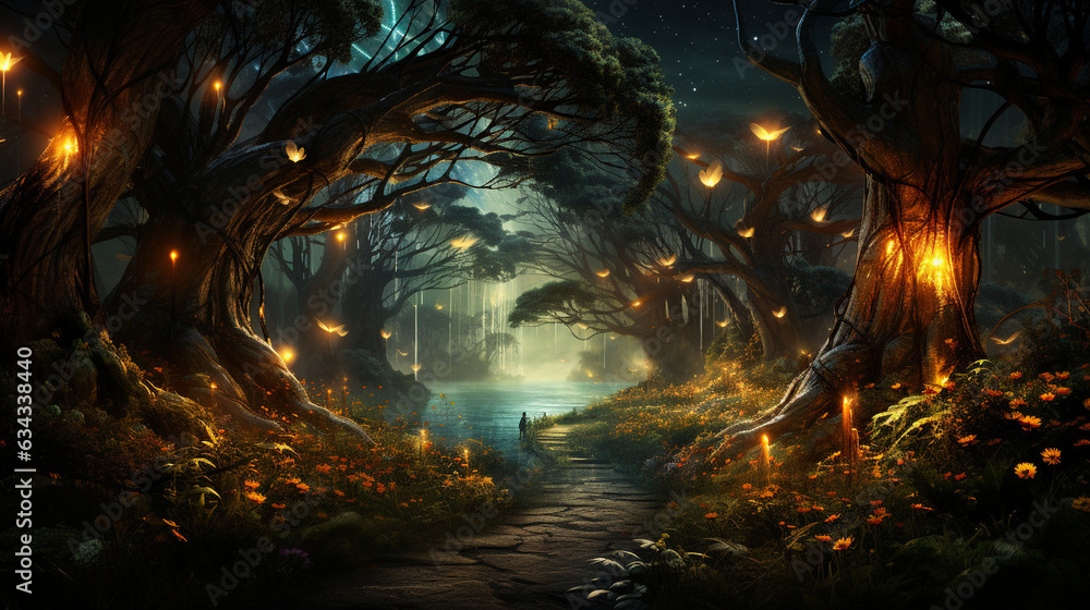 Obraz premium Enchanted Forest: A mystical forest illuminated by fireflies and magical creatures, creating an enchanting Halloween scene 