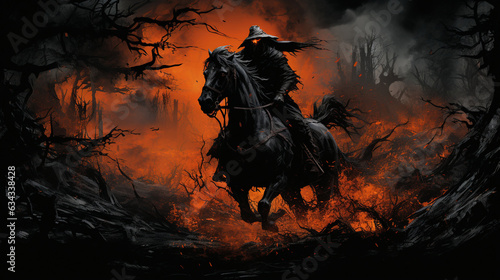 Midnight Ride: A headless horseman galloping through the woods, clutching a jack-o'-lantern, a classic Halloween image 
