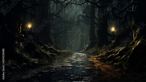 Eerie Moonlit Path: A narrow path leading through a dark forest, illuminated by a full moon, capturing the eerie allure of Halloween 