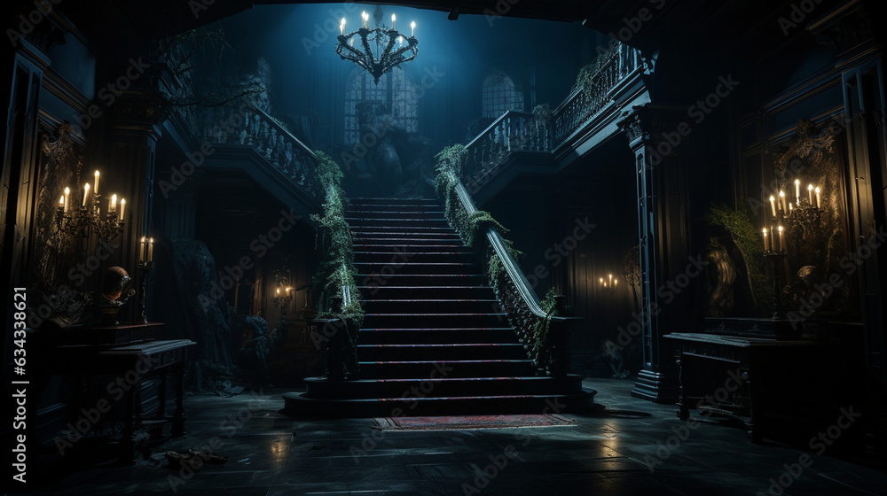 Spooky Mansion Interior: A peek inside a spooky mansion, with dimly lit hallways, creaky stairs, and mysterious shadows, setting the stage for Halloween Spooky Mansion Interior: A peek inside a spooky mansion, with dimly lit hallways, creaky stairs, and mysterious shadows, setting the stage for Halloween
